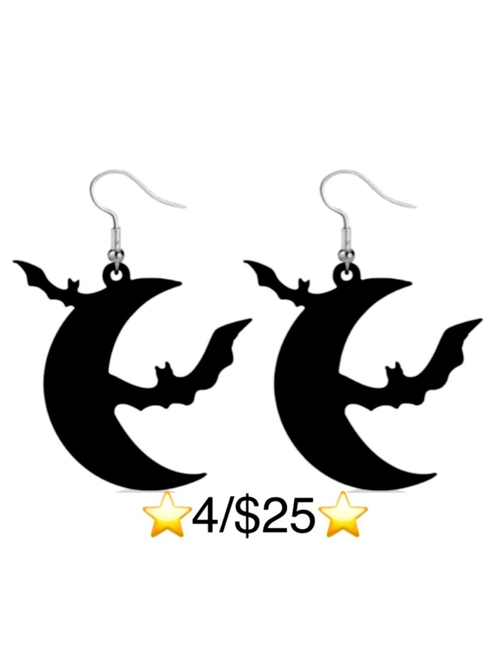 Black Bat Crescent Moon Dangling Alloy Stainless Steel Halloween Earrings